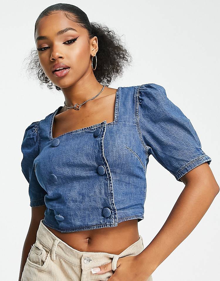 Urban Revivo denim shirt with puff sleeves in light wash blue